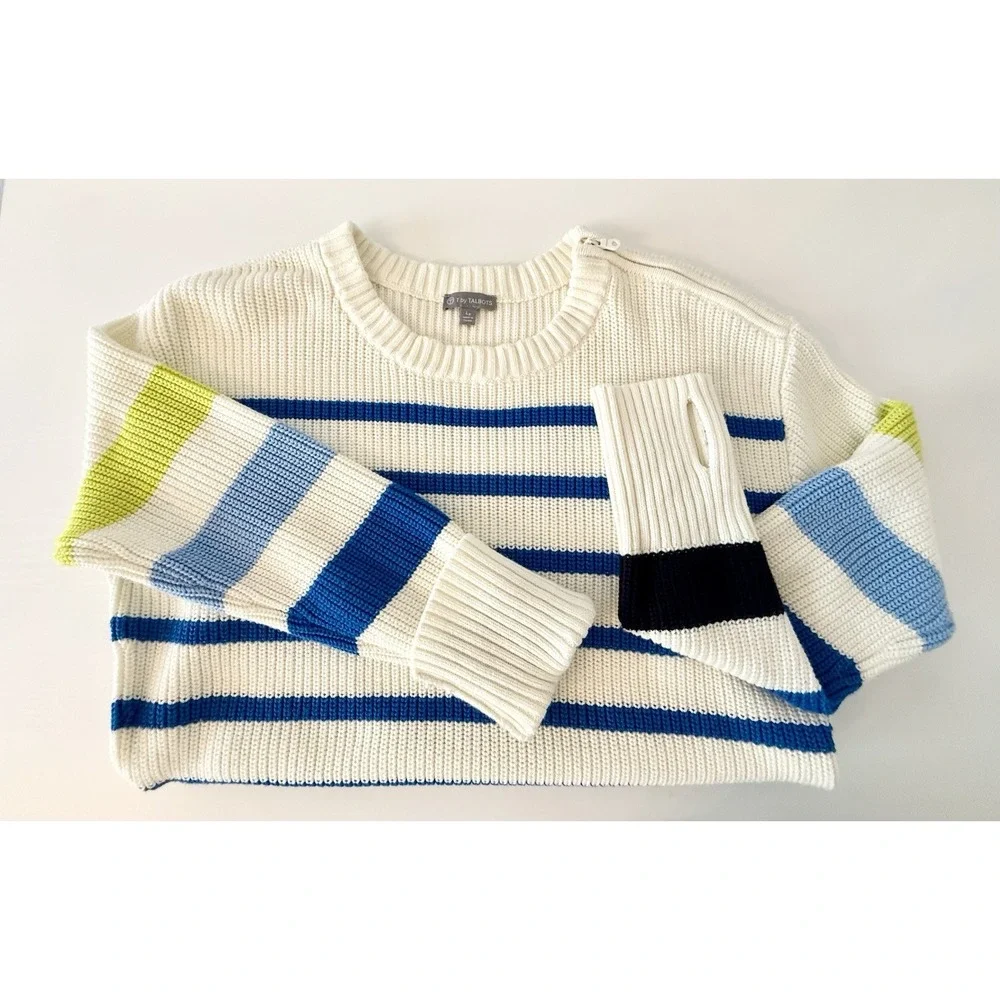 T by Talbots Stripe‎ Crewneck High-Low Sweater Tunic Ivory Multi Large Petite